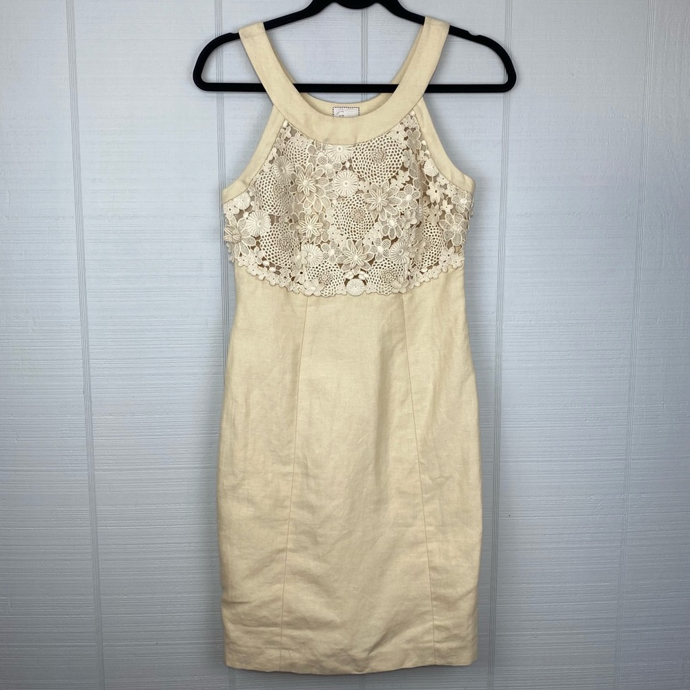 NWT Anthropologie Beige Oleander Linen Floral Appliqué Sleeveless Pencil Dress